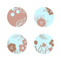 Hand-drawn simple vector round covers for stories. Floral stickers in delicate pastel turquoise pink colors.