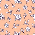 Simple calm gentle floral vector seamless pattern in rustic style. Small white flowers on a light coral pink background.