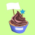 one element muffin with whipped cream chocolate cream, with plaque and star on skewer