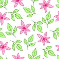 Simple delicate floral vector seamless pattern. Pink flowers, green twigs on a white background. Royalty Free Stock Photo