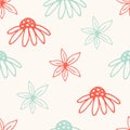Gentle light calm floral seamless vector pattern. Sky blue, red-coral outline of daisy flowers on a pale pink background. Royalty Free Stock Photo