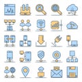 Filled outline icons for networking and communication.