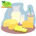 dairy products - jug and glass of milk, circle of cheese, slices, piece, butter on wooden board and milkshake. farm products