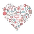 Set of Valentine`s day doodles and lettering quote Royalty Free Stock Photo