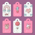 Valentine`s day tags and labels with doodles