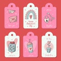 Valentine`s day tags and labels with doodles