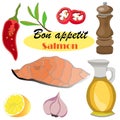Bon appetit. set for cooking raw salmon fillet - olive oil, spice mill, red chili pepper, garlic, rosemary sprigs, lemon. Vector Royalty Free Stock Photo