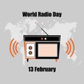 MobileVector radio with world map background. Perfect for World Radio Day posters, backgrounds, banners held every February 13