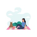 Girl sitting on blanket in garden and having picnic with puppy at sunny day Concept Vector Icon Design