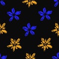 Simple colored vector seamless pattern. Bright blue, orange flowers on a black background. Royalty Free Stock Photo