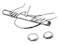 Vector freehand drawing in black outline. Hands roll out the dough with a rolling pin, the process of preparing flour produ