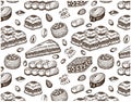 Sketch hand drawn pattern with turkish baklava on white background. Line art drawing oriental sweets wallpaper. Royalty Free Stock Photo