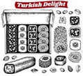 Sketch hand drawn Turkish delight isolated on white background. Outline drawing box of oriental sweets.