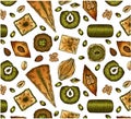 Sketch hand drawn pattern with colorful turkish baklava on white background. Line art drawing oriental sweets wallpaper. Royalty Free Stock Photo