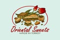 Sketch drawing poster of oriental sweets logo with red tulips isolated on blue background. Royalty Free Stock Photo