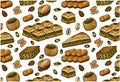 Sketch drawing pattern of colorful oriental sweets isolated on transparent background. Hand drawn Turkish pistachios baklava Royalty Free Stock Photo