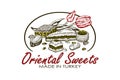 Sketch drawing poster of oriental sweets logo with red tulips isolated on white background.