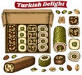 Engraved drawing set of colorful Turkish Delight isolated on white background. Sketch hand drawn chocolate Rahat Lokum Royalty Free Stock Photo