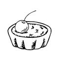 Simple hand-drawn vector drawing in black outline. Tartlet with filling, cream, cherry isolated on a white background. Dessert.