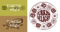 Sketch hand drawn icon set of Turkish Delight with pistachio, chocolate, almond, hazelnut. Line art rahat lokum logo