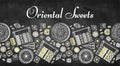 Sketch drawing poster of Oriental Sweets isolated on blackboard. Line art drawn Turkish delight Royalty Free Stock Photo