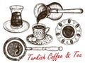Sketch drawing set of Turkish tea and coffee in glass cup isolated on white background. Royalty Free Stock Photo