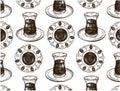 Sketch drawing pattern of traditional Turkish hot black tea in glass cup isolated on transparent background. Royalty Free Stock Photo