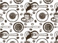 Sketch hand drawn pattern of Turkish coffee and coffee beans isolated on white background. Royalty Free Stock Photo