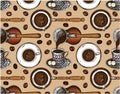 Sketch hand drawn pattern of Turkish coffee and coffee beans isolated on brown background. Royalty Free Stock Photo