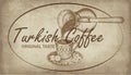 Sketch drawing logo of Turkish black coffee pouring from cezve into cup isolated on vintage background. Royalty Free Stock Photo