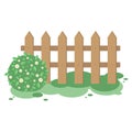 Farm wooden fence, bush with flowers, lawn. Natural vector gardening illustrations.