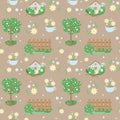 Seamless pattern beige background with tree, bushes, insect house, cup,wild flowers daffodils, chamomile, forget-me-nots and green