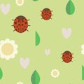 Seamless pattern green background with ladybug, daisy flowers, green leaves, heart, summer insects. Royalty Free Stock Photo