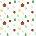 Seamless pattern on white background with ladybug, daisy flowers, green leaves, heart, summer insects Royalty Free Stock Photo