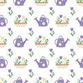 Seamless vector pattern on a white background. Purple watering can, garden pot with polka dots for flowers, yellow and lilac tulip Royalty Free Stock Photo