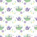 Seamless vector pattern, farm cart, flower pot on polka dot cart for plant bouquet, blue flowers, yellow and blue, green leave Royalty Free Stock Photo