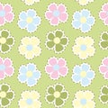 Seamless pattern with flowers, hand drawn in cartoon style, chamomile flowers, blue, green, yellow, pink pastel colors. Vector Royalty Free Stock Photo