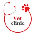 Veterinary clinic logo illustration. Stethoscope with dog paw