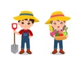 Cute farmer boy and girl with fresh vegetables clipart