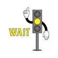 Illustration of Traffic Light in retro cartoon character with traffic signs, yellow light. wait Sign