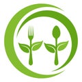Organic food logo with fork and spoons with leaves symbol