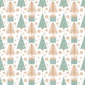 Seamless pattern with Christmas trees, gifts, snowflakes in a modern simple style. Royalty Free Stock Photo