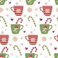 Seamless vector pattern with mugs of hot drinks and sweet lollipops, snowflakes, hearts in a modern simple style. Royalty Free Stock Photo