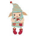 Little elf with toys for a gift. Isolated. Assistant Santa holds mushrooms in his hands, the gnome