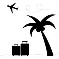Palm tree, airplane and suitcases in black color. Isolated on white background. Vector illustration