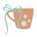 A beige mug with a hot drink, decorated with a blue bow and snowflakes. Vertor