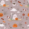 Seamless pattern. Vector set of Halloween characters, scene, cute landscape, colorful background Royalty Free Stock Photo