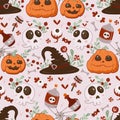Cute skull, pumpkins with smiles, lollipops, candies, sweet Halloween eyes. Seamless pattern, vector simple illustration.