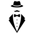 Illustration of a logo of a gentleman with a mustache in a hat, tuxedo and bow tie