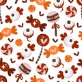 Lollipops, candies, toffees, hearts, Halloween sweet eyes. Seamless background with vector pattern